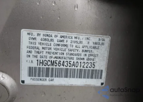 2005 Honda Accord 2.4 Lx from USA, damaged, VIN 1HGCM56435A012235
